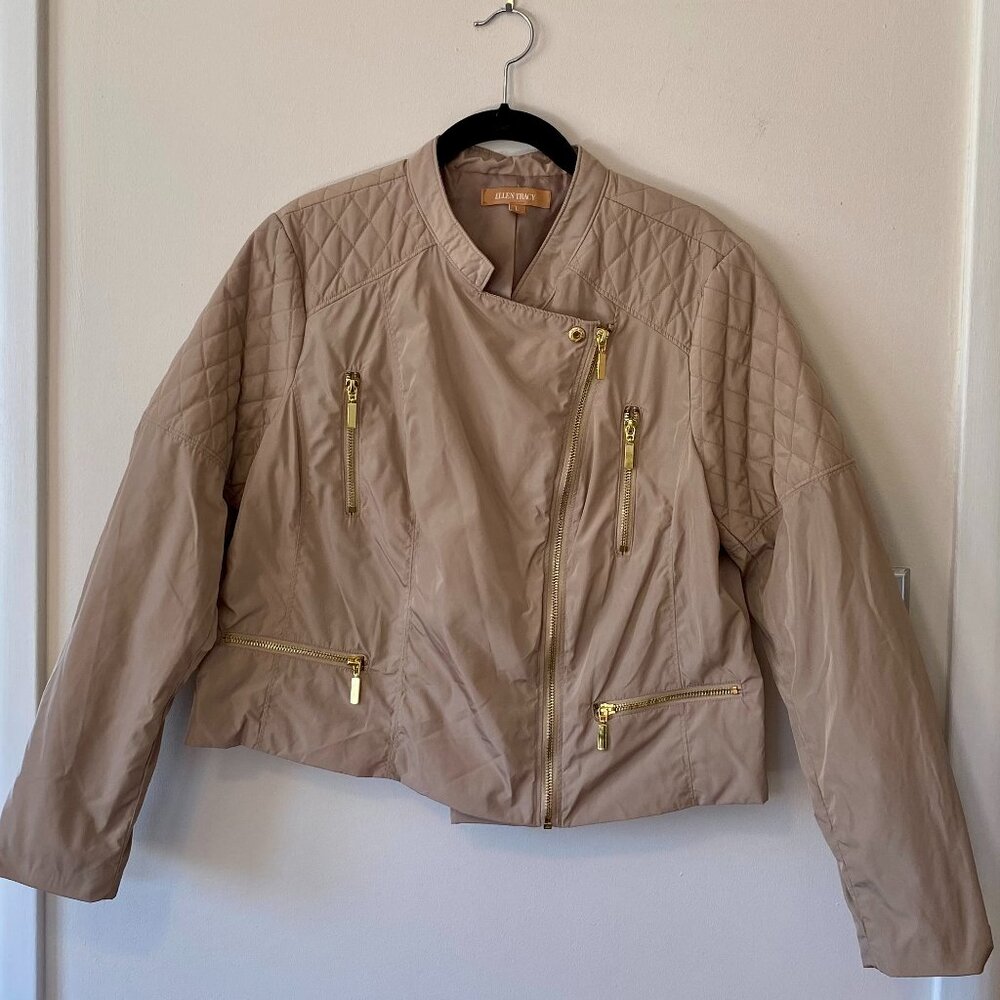 Ellen Tracy Sz Large Cropped Moto Jacket Diagonal Zip Front Quilted Khaki Gold